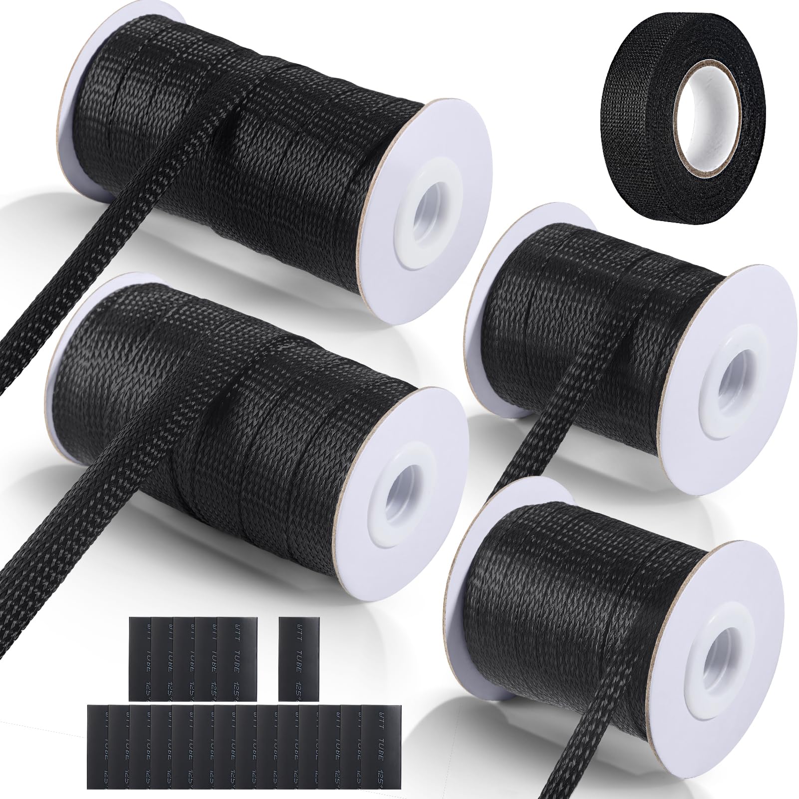 Photo 1 of 132 ft Expandable Braided Cable Sleeve Wire Loom PET Wiring Sleeving, Mesh Automotive Split Sheathing Wrap Management Heat Shrink for Audio and Other Home Device (1/2 in, 1/4 in, 3/8 in,3/4 in,Black)