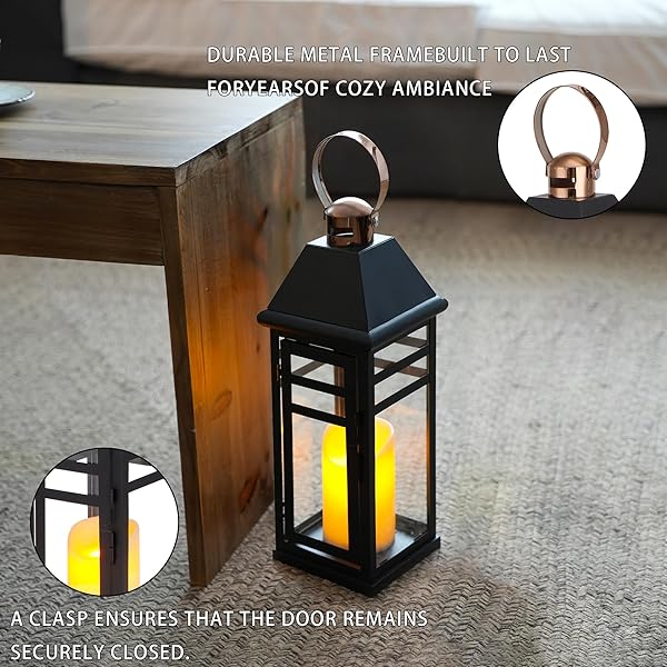 TRIROCKS DECORATIVE VINTAGE CANDLE LANTERNS 15.5″ H FARMHOUSE OUTDOOR HANGING LANTERNS WITH TEMPERED GLASS FOR PORCH, BALCONY, PATIO, HOME, CENTERPIECES, INDOOR, OUTDOOR(BLACK WITH GOLD TOP)