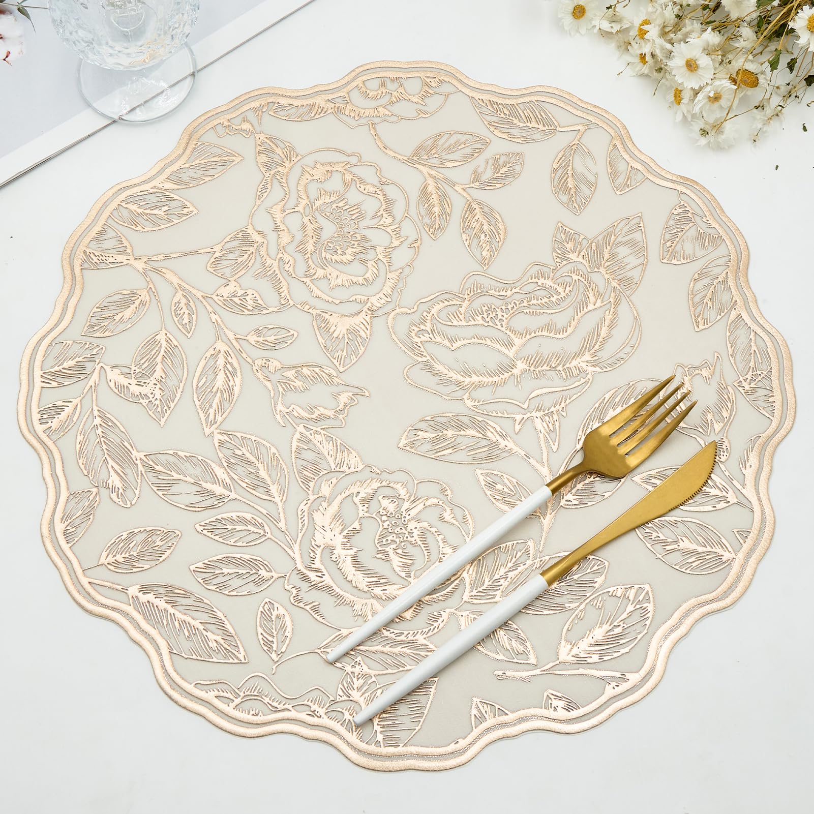Photo 1 of Round Placemats Gold Rose Table Mats Set of 6 Vinyl Heat Resistant Mat Washable Non-Slip 15'' for Kitchen and Dining Holiday Wedding Accent Centerpiece