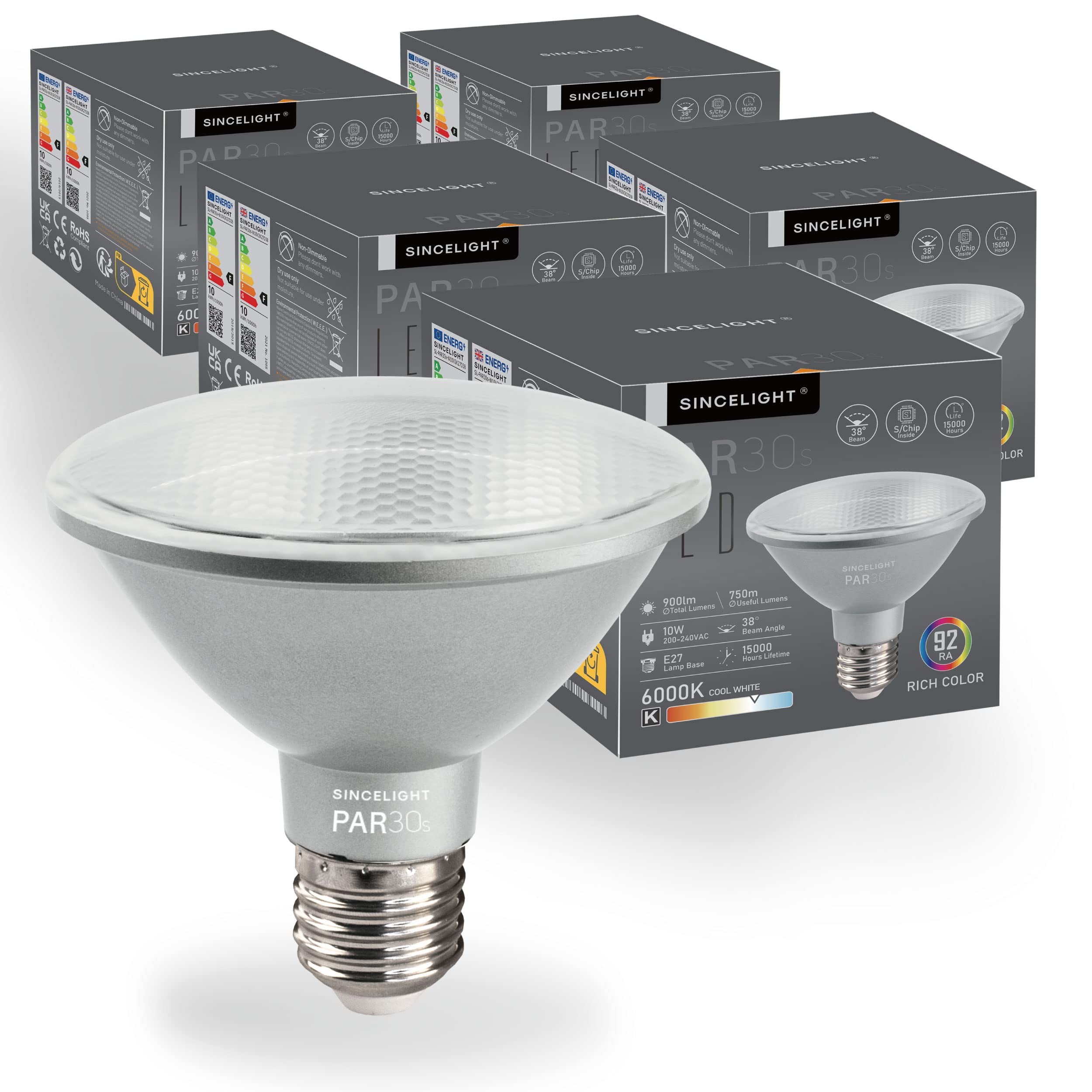 SINCELIGHT PAR30s LED Light Bulb with E27 Base, with 38° Optical Reflector, 10W, Vivid Color RA>92, Cool White 6000K, 900 Lumens Equivalent to 90W Halogen, Pack of 5