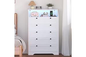 Wodeer White Dresser Tall 5 Drawer Dresser for Bedroom, Wood Chest of Drawers with LED Lights, Charging Station, Metal Handles, Modern Storage Cabinet and Organizer Drawers for Living Room, Hallway