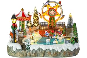Bdor Christmas Village Lighted Decoration with Carousel, Ferris Wheel, Skaters | 11.4 x 10.4 x 7.7 Inches Animated Holiday Scene with Music & LED Lights for Indoor Home Décor