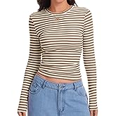 Eyanse Ribbed Long Sleeve Tops for Women,Stretch Striped Shirt Slim Fit Tee