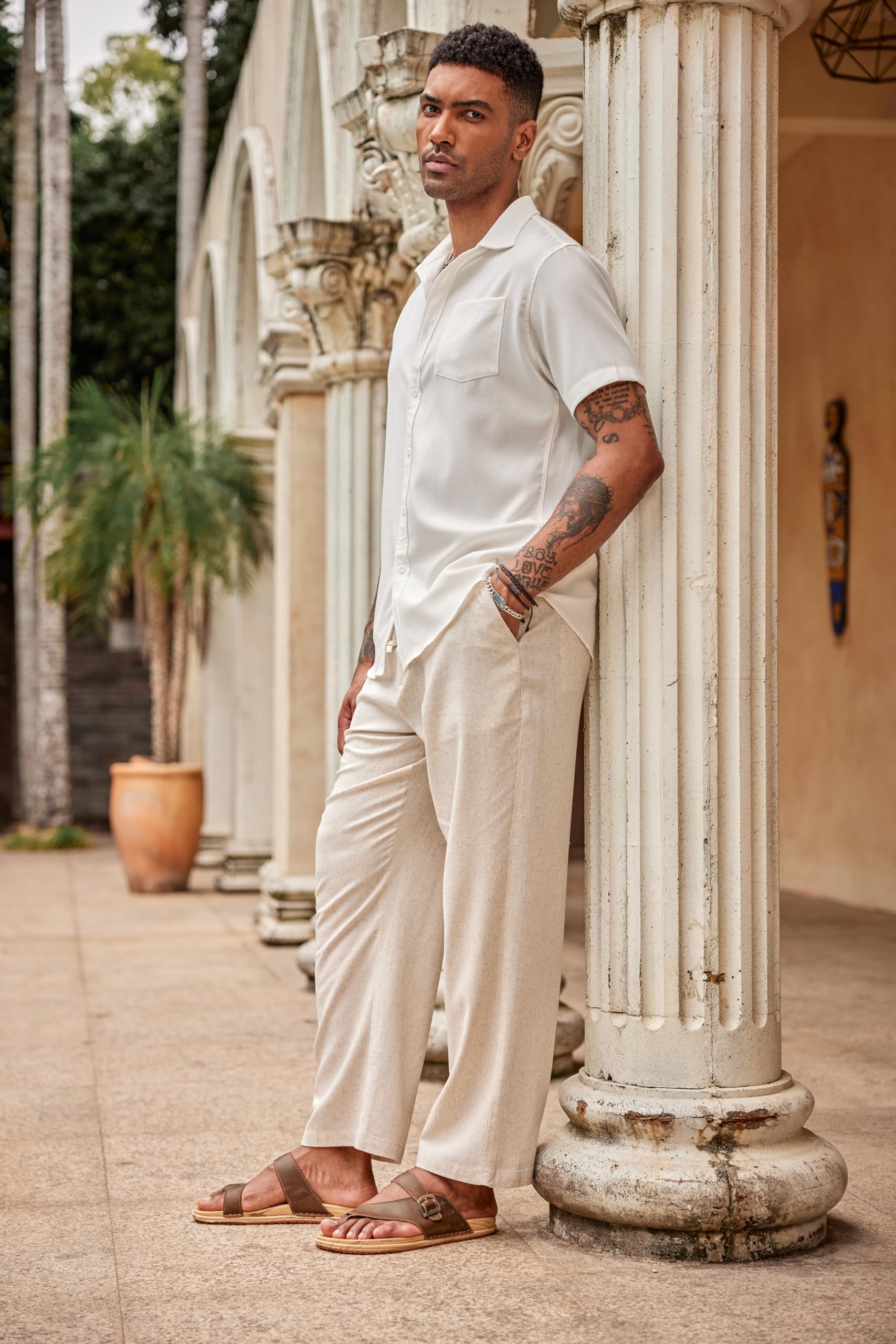 COOFANDY Herren Leinenhose mit Kordelzug Leicht Sommerhose Strandhose Leinen Hose Lang aus Leinenmischung Einfarbig für Männer Stoffhose Khaki XL 4