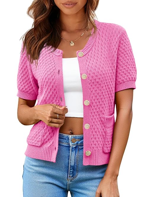 Saodimallsu Womens Short Sleeve Cardigan Summer Casual Crew Neck Button Down Lightweight Knit Sweater Tops with Pockets Pink