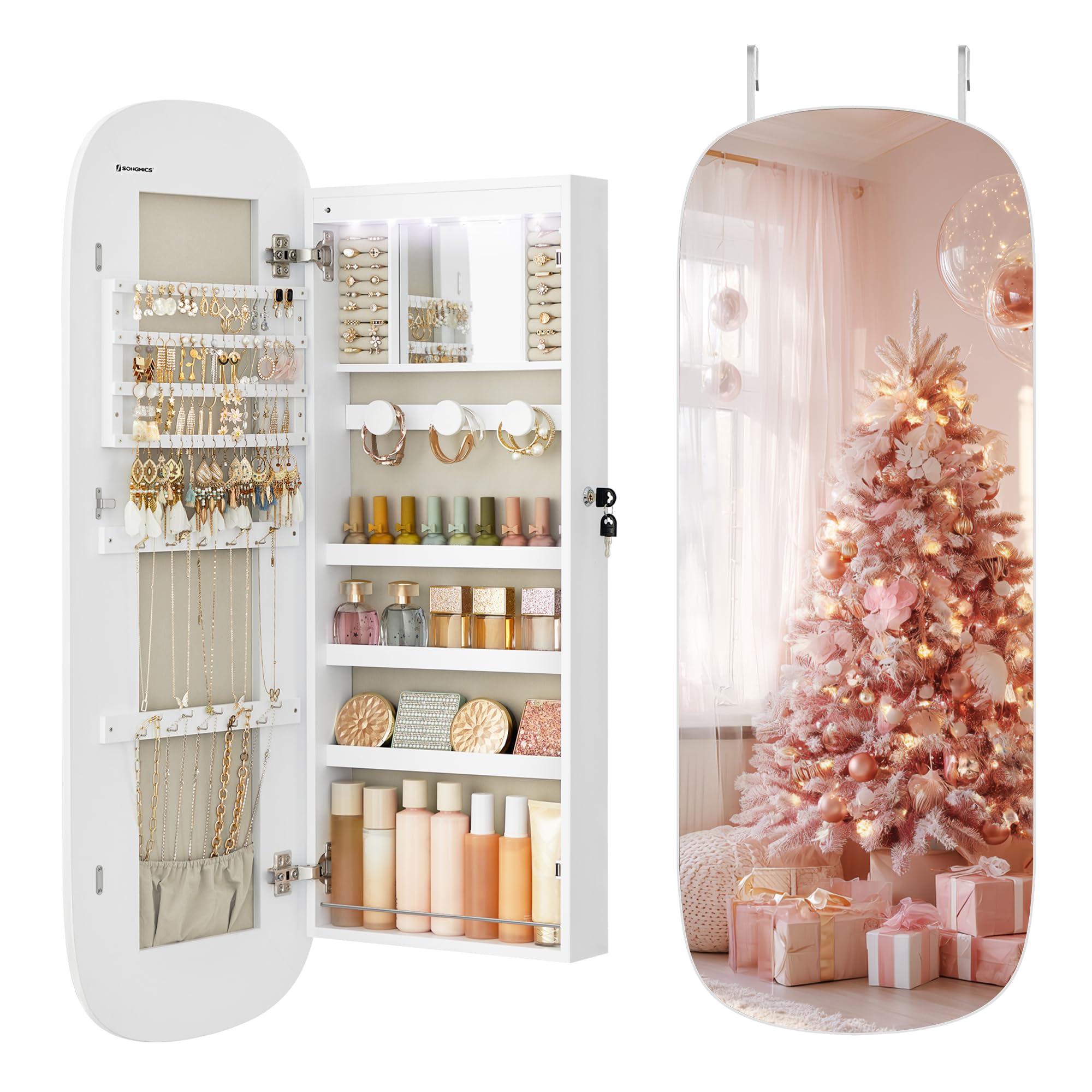 SONGMICS SONGMICS Jewelry Organizer, LED Jewelry Cabinet Wall/Door Mounted, Lockable Rounded Wide Mirror with Storage, Christmas Gift 3.9 x 16.5 x 42.5 Inches, White Surface with Greige Lining