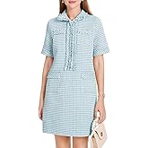 WOWULOVELY Womens Tweed Mini Dress Short Sleeve Straight Tube Front Half Zipper A-line Nubby Dress with Pockets