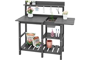 SERWALL Outdoor Potting Bench with Removeable Sink,Rot-Resistant HDPE Potting Table for Outside Gardening, All Weather Use - Gray