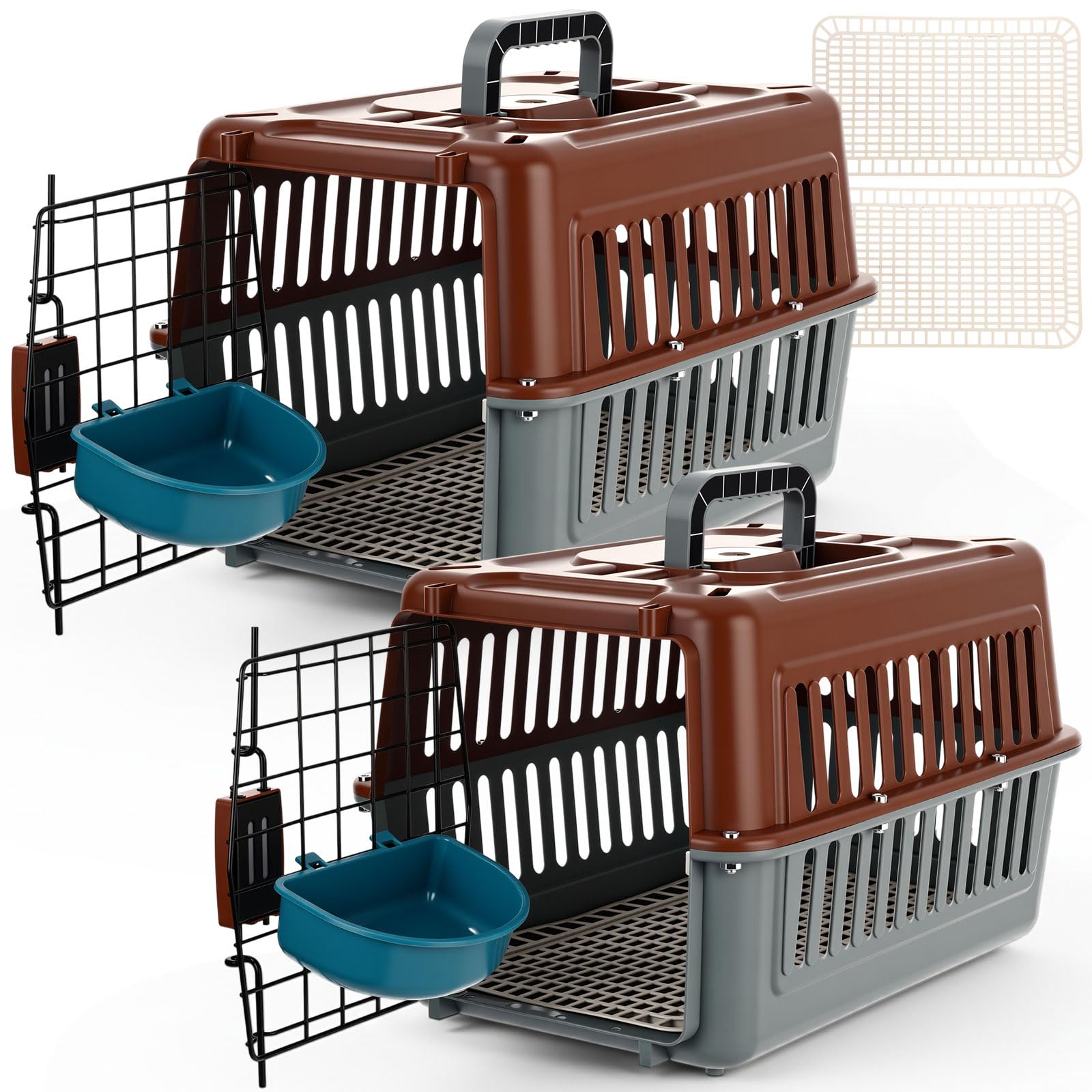 Photo 1 of 2 Set Travel Pet Carriers for Small Cat Dog Plastic Hard Shell Carrier Cat with Bowl Wire Door Grille Mat Portable Breathable Security Lock Puppy Kennel for Travel Airline, 17.5", up to 13lbs(Brown)