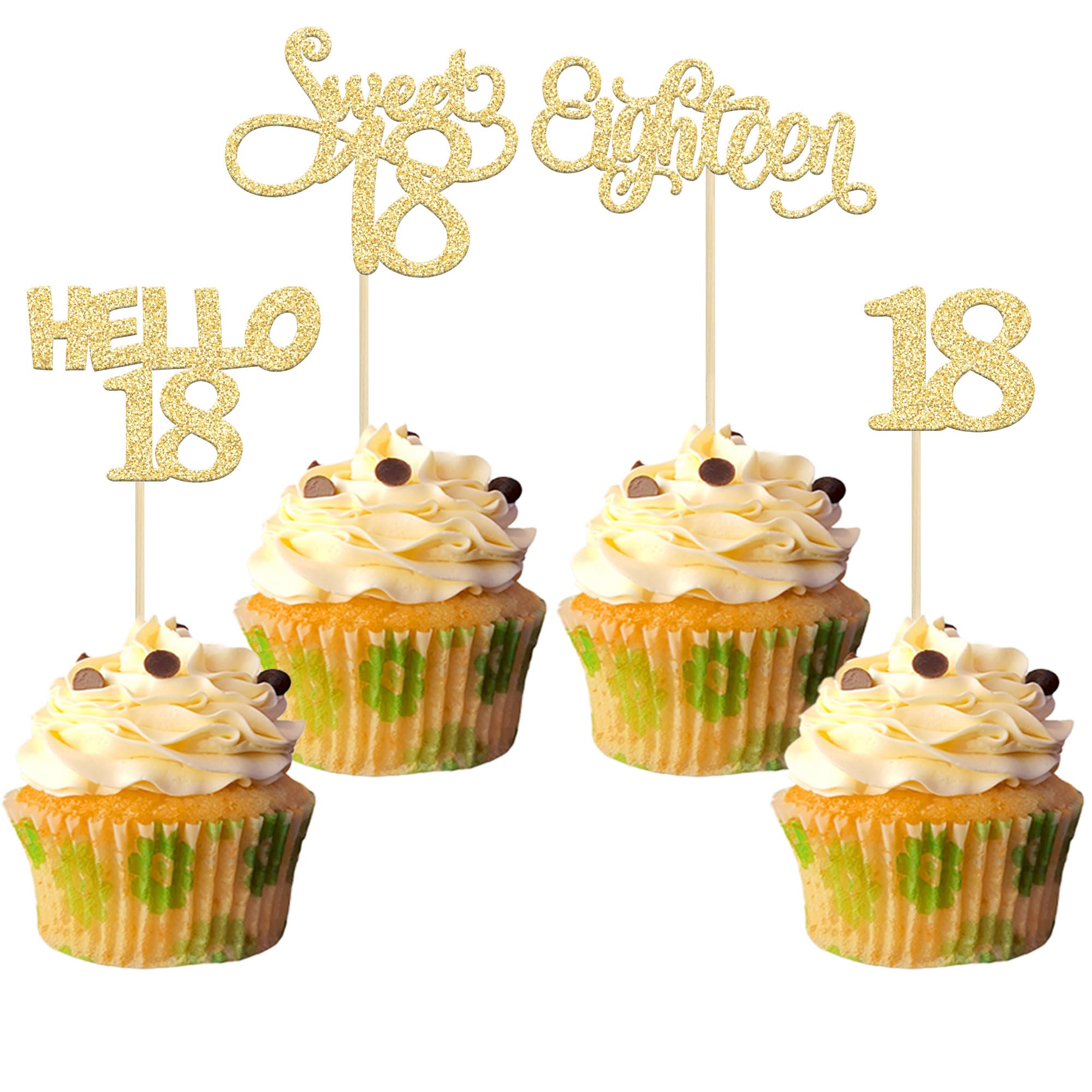Gyufise 24Pcs Gold Glitter 18th Birthday Cupcake Toppers Sweet 18 Hello 18 Eighteen Cupcake Picks for 18th Birthday Cake Decorations Supplies