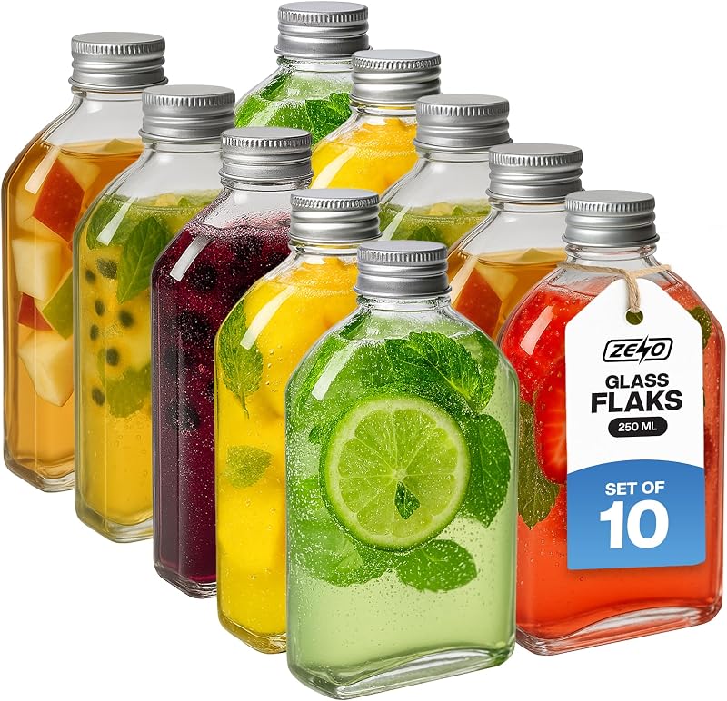 ZENO 250ml Glass Flask Bottles 10 Pack with Screw Tops Reusable Airtight Lids