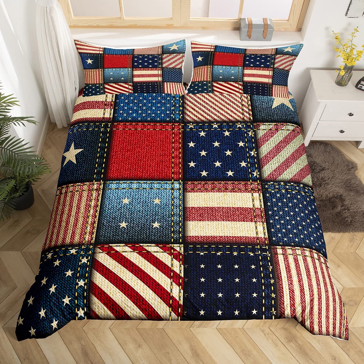 Homewish Patchwork Flag Bedding Set King Red Blue Geometric Stars Stripes Duvet Cover Retro United States Flag Comforter Cover For Kids Boys Teen Men Independence Day Freedom Bedspread Cover 3 Pcs