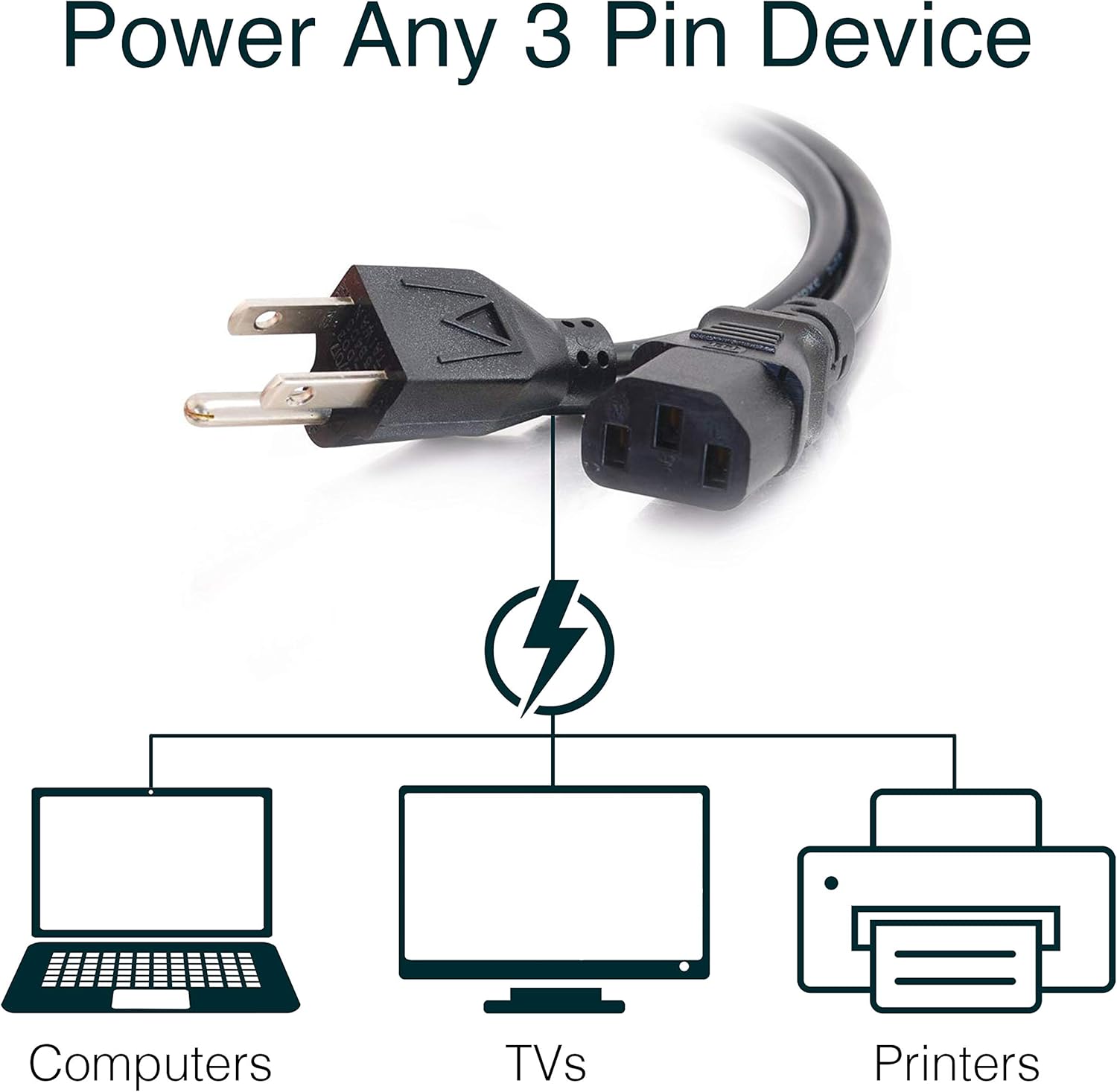 C2G Replacement Power Cable For Computers, TVs, Monitors, & More - 10' Black Universal Cord Works With Any 3 Pin AC Power Connection - 18 Gauge Wire (03134): Home Audio & Theater