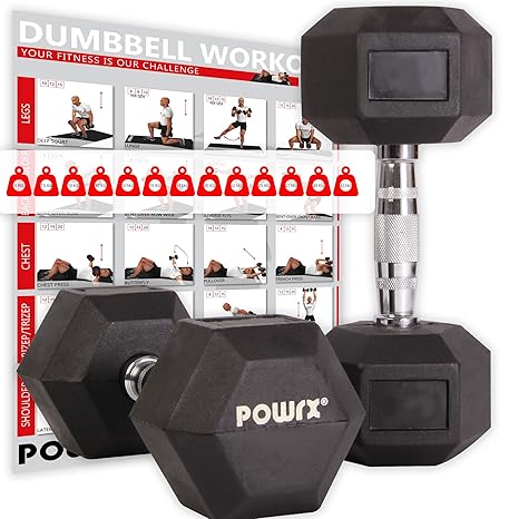POWRX Hexagon-Hanteln (Paar) inkl. Workout | 5-32,5 kg | gummiert | rutschsichere, verchromte Griffe | Kurzhantel-Set | Dumbb