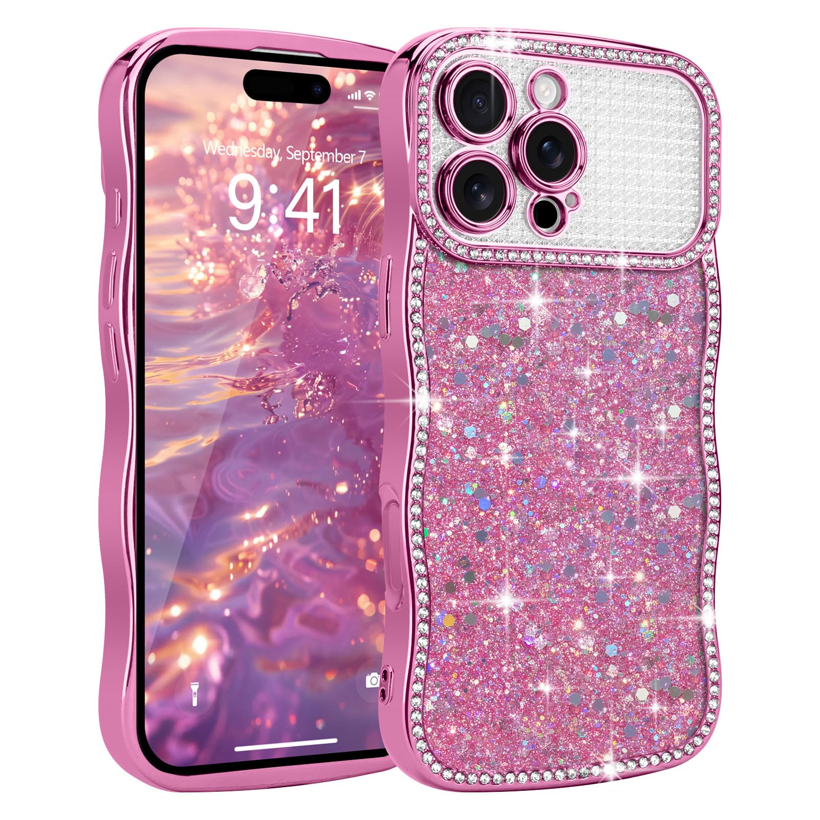 HKGULQA for iPhone 16 Pro Case Glitter Wavy Bling Sparkly Luxury Cover with Crystal Diamonds Rhinestone for Women Girls Soft Shockproof Protection Phone Case for iPhone 16 Pro, Hot Pink