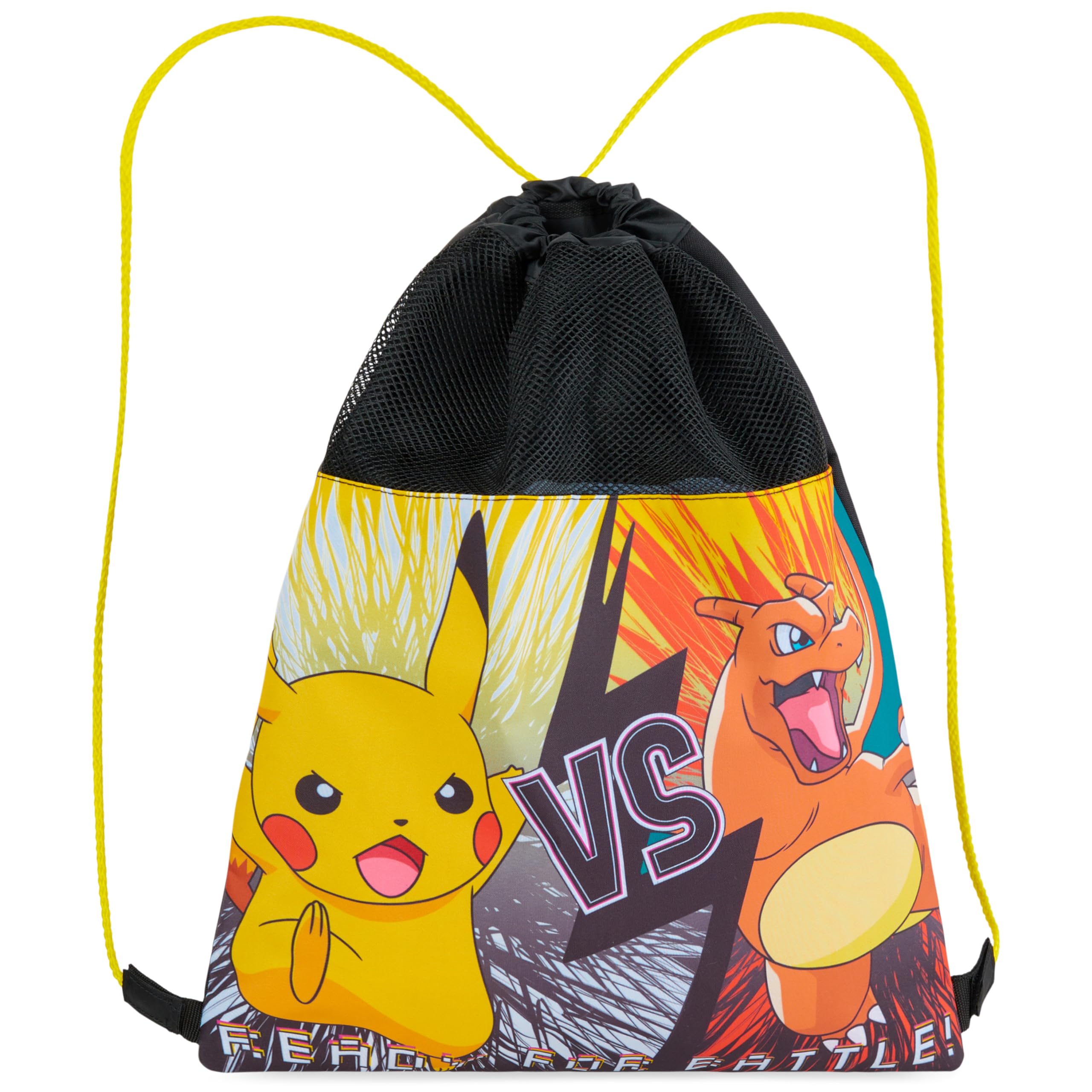 Pokemon Drawstring Bags for Kids Teens, Pikachu Swimming Bag String Bag Backpack for School PE Bag Travel Beach Holiday Sports Gym Bag (Black/Yellow)