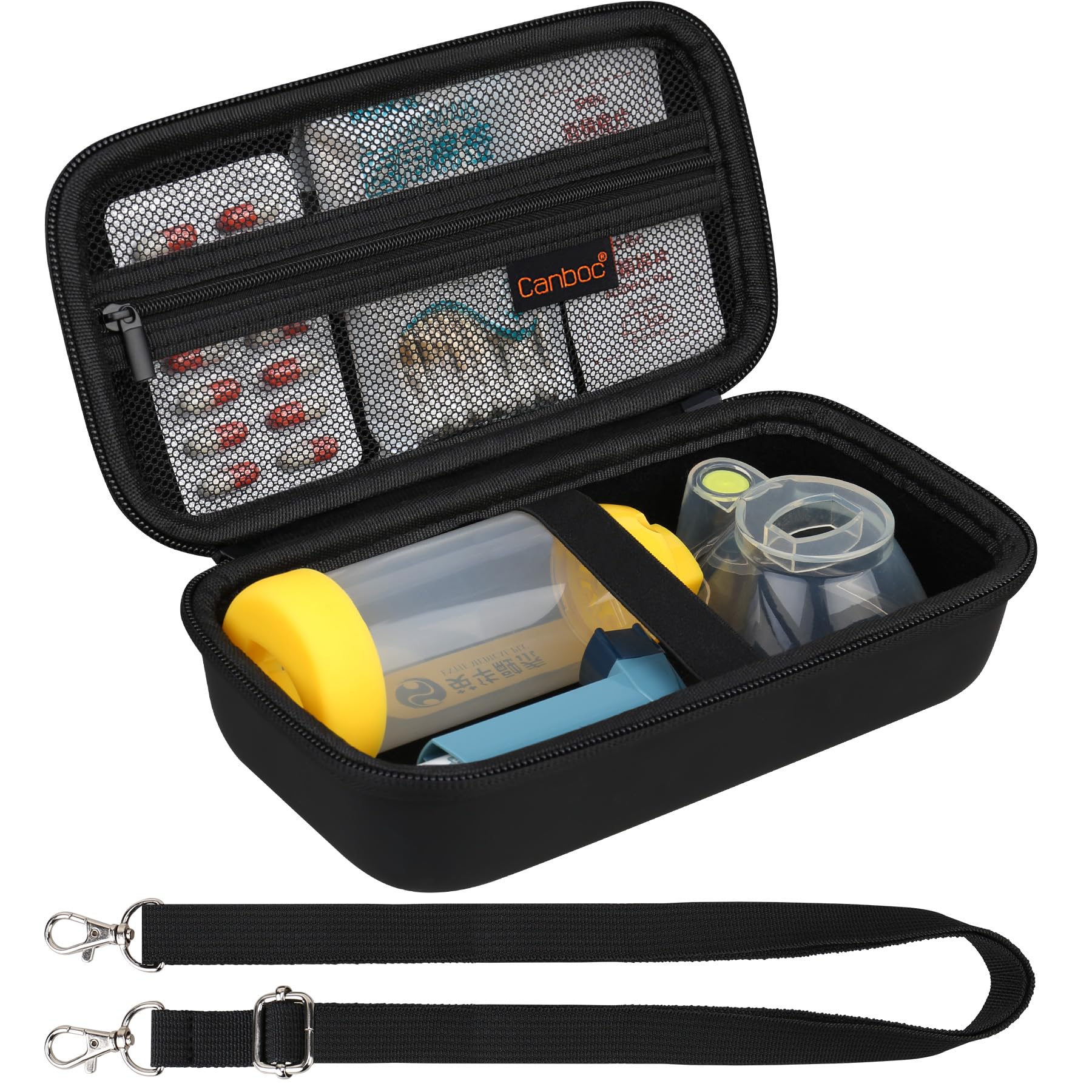 Canboc Carrying Case for Asthma Inhaler, Handheld Spacer for Adults, Mask, Inhaler Spacer Bag with Removable Shoulder Strap, Mesh Pocket fit Medicine or Other Essentials, Black (Case Only)