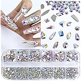 Dowarm 3200PCS Nail Art Rhinestones, Crystal AB Flatback Rhinestones for Nails, Crafts, 12 Styles 3D Glass Crystal Nail Gems, Iridescent Diamond Stones