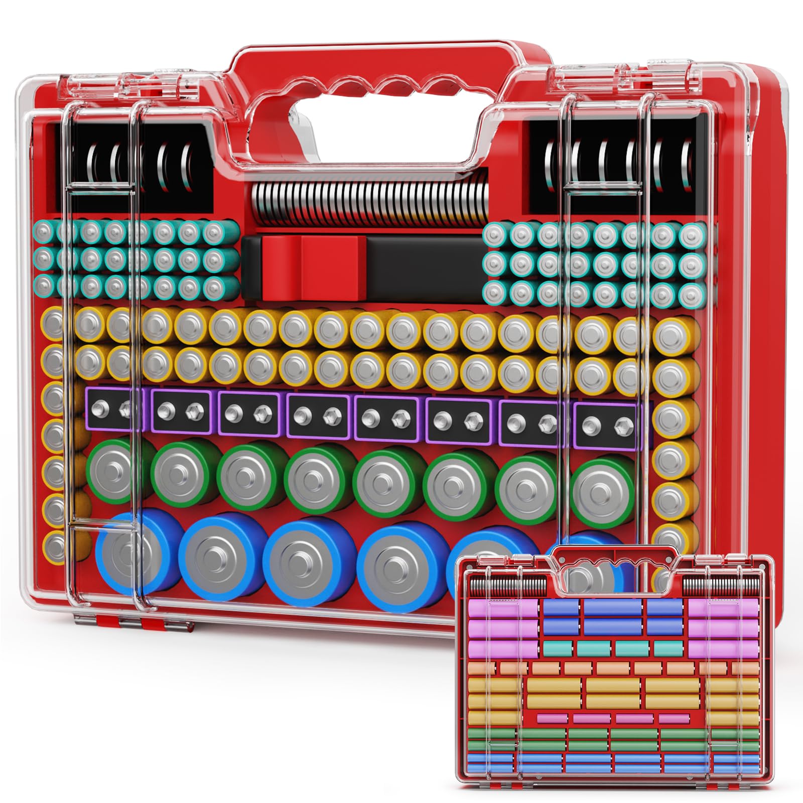 Photo 1 of ***BATTERIES NOT INCLUDED***Tututry Battery Organizer Storage Holder Box Case with Tester, Ultra-Large 262+ Batteries Container with Double-Sided, Holds AA AAA 4A 23A C D Cell 9V 3V Lithium 4LR44 CR3 CR123A 18650 (Red)***BATTERIES NOT INCLUDED***