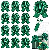 12 pcs Green Pull Bow Glitter Large Gift Wrapping Bow 6inchs Metallic Bling Ribbon Adhesive Gift Bows for Baskets Wedding Present Warp Christmas Treats Valentine Easter Party Bikes Car (Green-I)