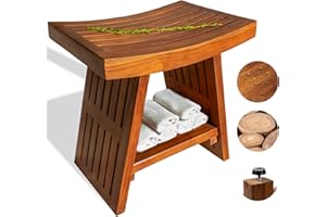 THE TEAKY HUT Curved & Durable Teak Shower Bench That Doubles As Teak Shower Stool & Teak Shower Seat. A Great Shower Chair for Inside Shower - Fully Assembled - 18inches - Mikha