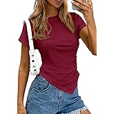 PRETTYGARDEN Womens Asymmetrical Tops 2026 Spring Summer Going Out Shirts Y2K Short Sleeve Crew Neck Ruched Trendy Clothes