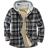 Derbars Men's Cotton Plaid Shirts Jacket Fleece Lined Flannel Shirts Sherpa Button Down Jackets with Hood for Men