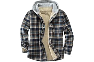 Derbars Men's Cotton Plaid Shirts Jacket Fleece Lined Flannel Shirts Sherpa Button Down Jackets with Hood for Men