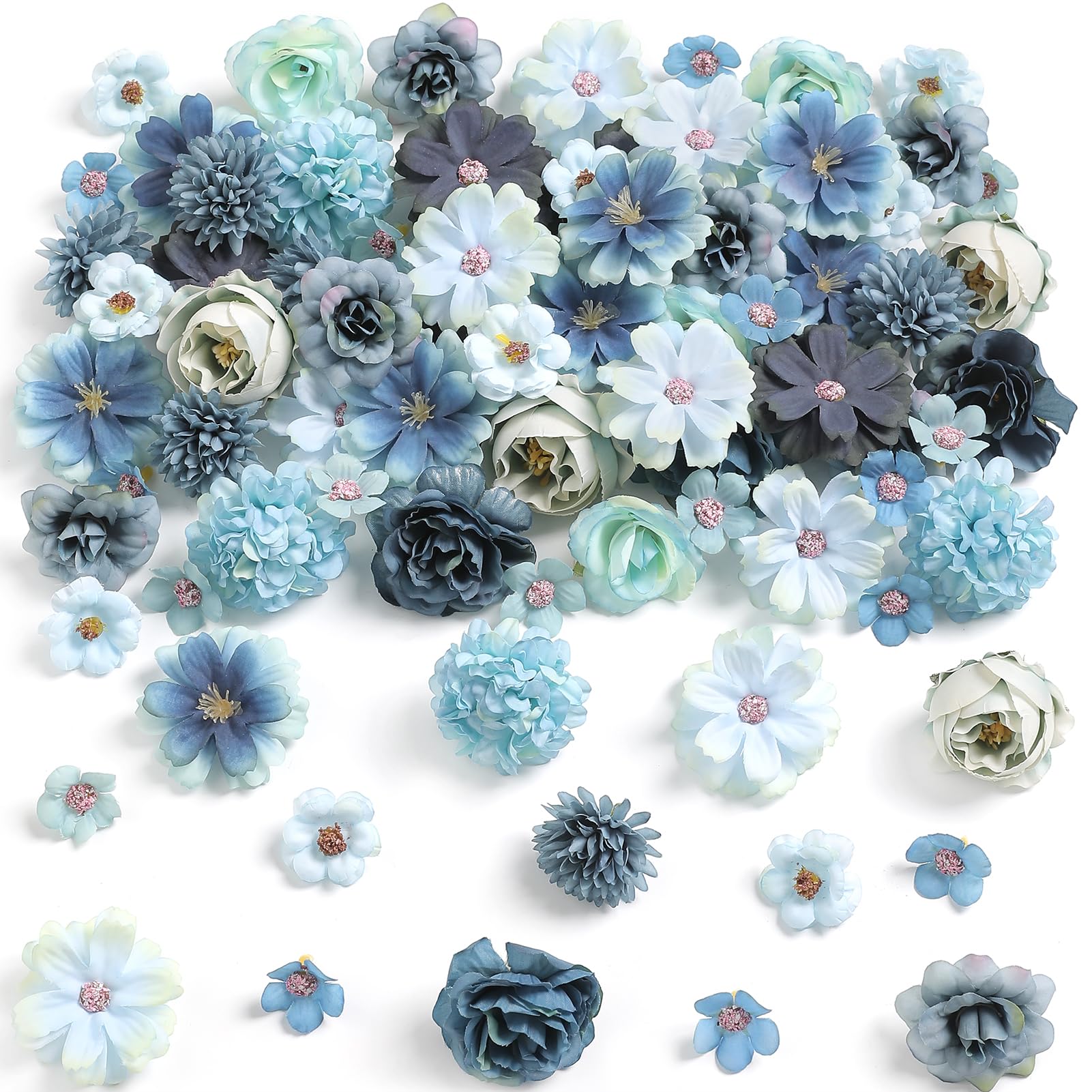 rongflower Faux Flower Heads Mini Blue Artificial Flower Heads Fake Peony Daisy Rose Flowers Multicolor Small Silk Daisy Flower Heads for Craft Garland Wedding Party DIY Home Decoration,2-4 cm