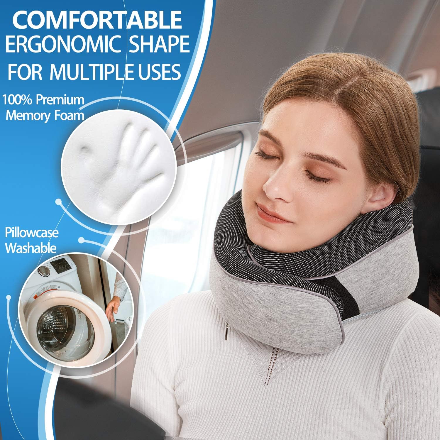 UTOU Travel Pillow 100% Pure Memory Foam Pillow for Airplanes&Car New Ergonomic Design Super Soft Full Neck Chin Support Recliner Best Surround Adjustable Pillow Sleep Gray: Home & Kitchen