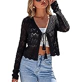 Arach&Cloz Women's Linen Tie Front Crochet Spring Shrug Beach Vacation Cropped Cardigan