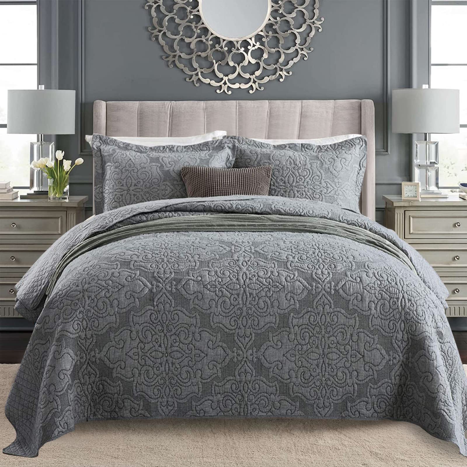 Photo 1 of Yvooxny Queen Quilt Set Bedspread 3-Piece Lightweight Embroidery Cotton Quilt Set Reversible Luxurious Grey Quilted Bedding Set with Shams for All Seasons, Queen Size
