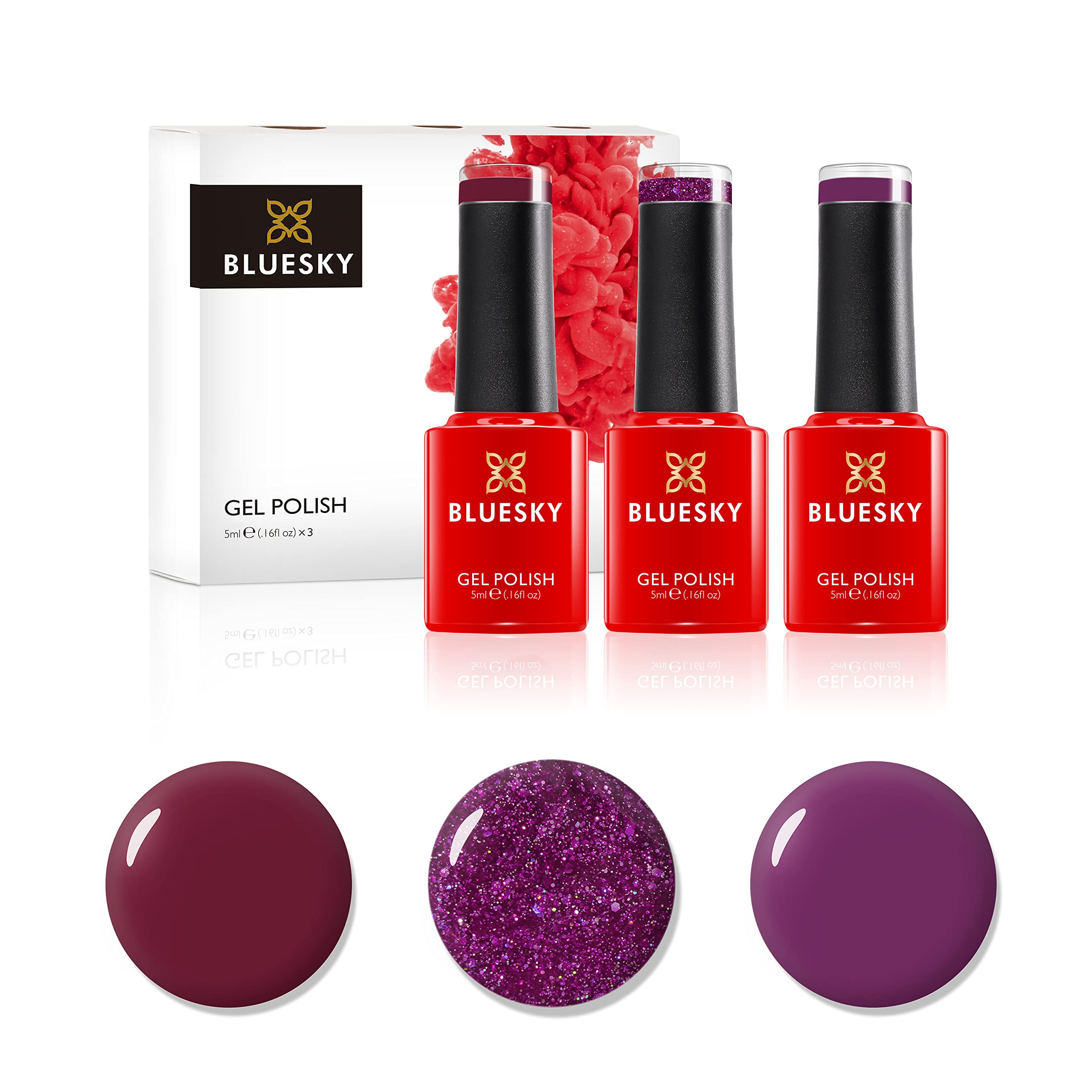 Bluesky Gel Nail Polish Set, Vampy Reds, Independent Woman Blz28, Vampy Berry Bp11, Oxblood 80628, 3 x 5 ml, Dark Purple, Red Glitter (Requires Curing Under UV or LED Lamp)