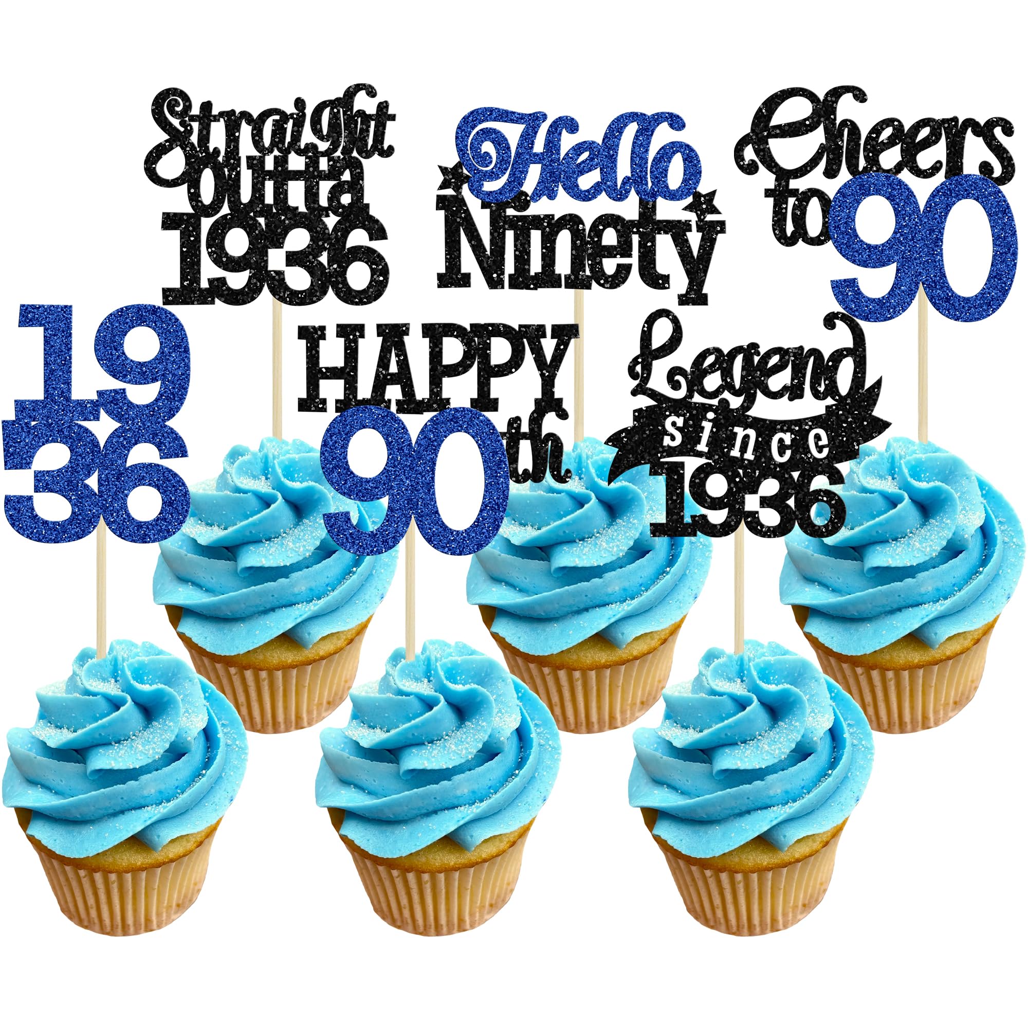 Gyufise 24Pcs Happy 90th Birthday Cupcake Toppers Hello Ninety Legend Since 1936 Cupcake Picks Cheers to 90 Years Cake Decorations for 90th Birthday Anniversary Party Supplies Black Blue