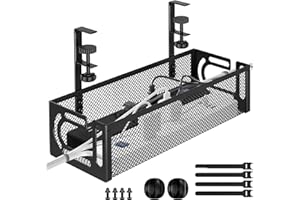 FOELLSTOE Under Desk Cable Management Tray, 15.7'' No Drill Steel Desk Cable Organizers, Wire Management Tray Cable Management Rack (1 Pack-Black)