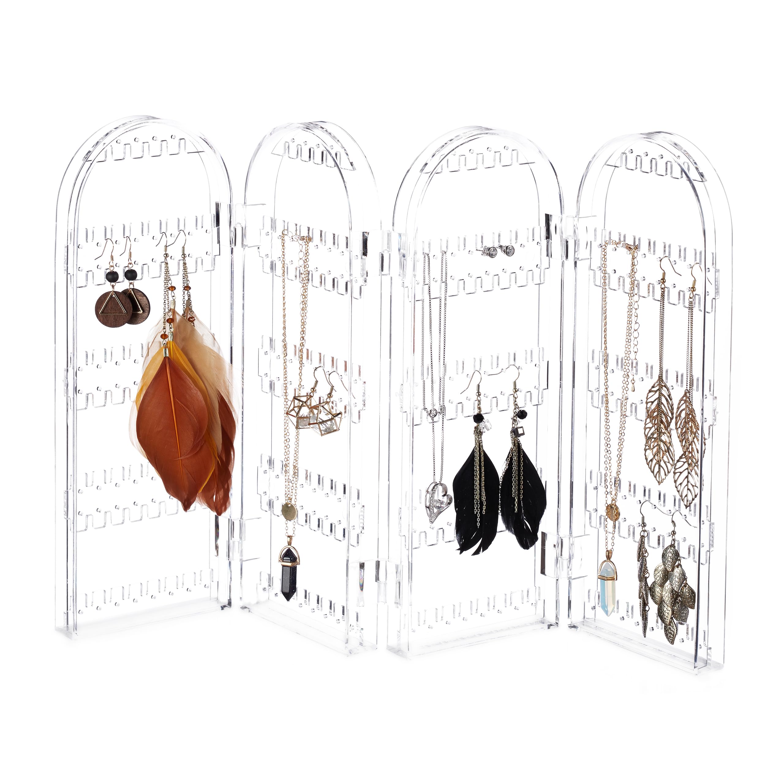 Relaxdays Acrylic Jewellery Rack, Folding Accessory Stand, for Earrings, Necklaces, 4 Compartments, Clear