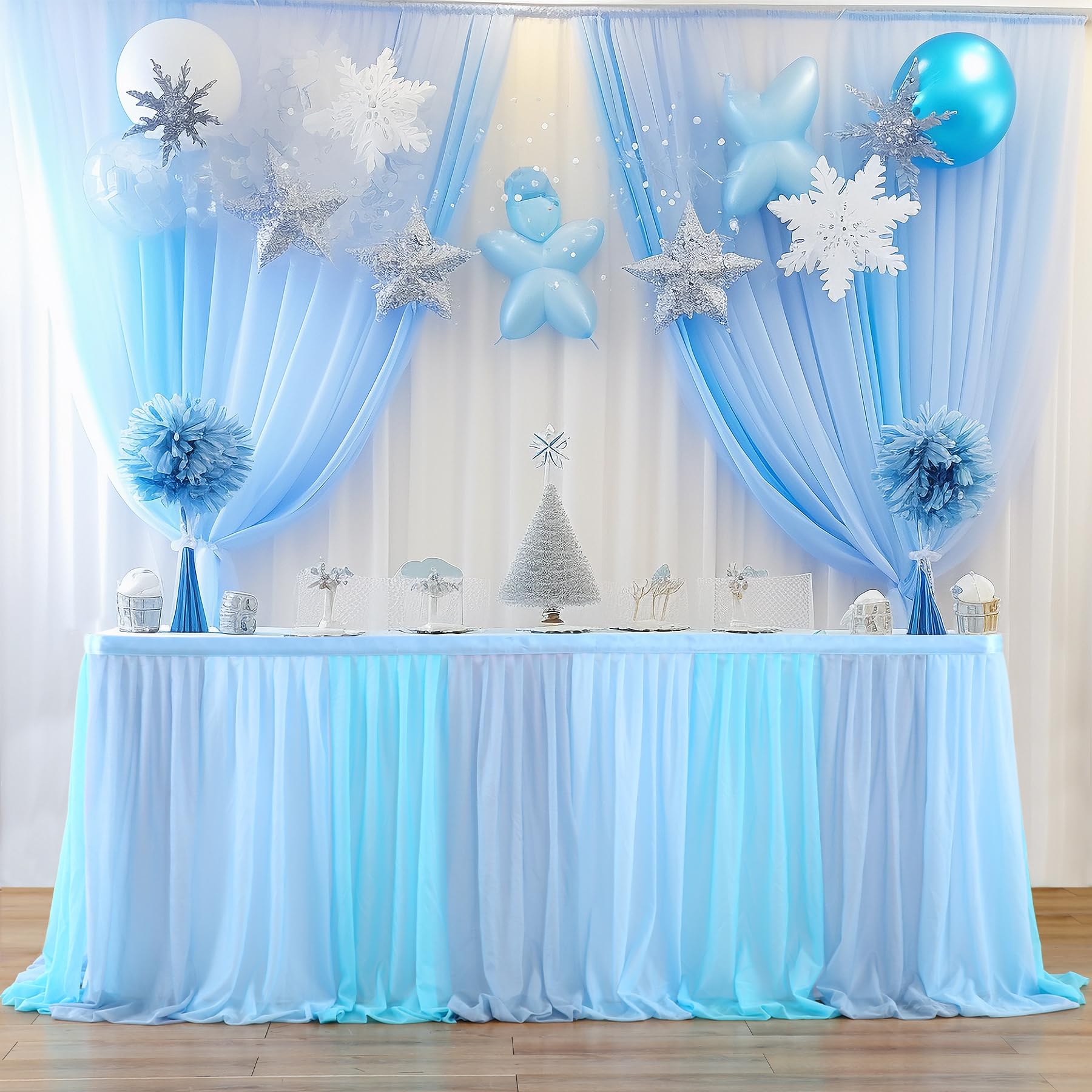 Frozen Theme Party Tulle Table Skirt for Rectangle Tables 14ft Blue Ruffle Tutu Table Cloth Cover for Winter Wonderland Baby Shark Baby Shower Birthday Party Wedding Decorations Image