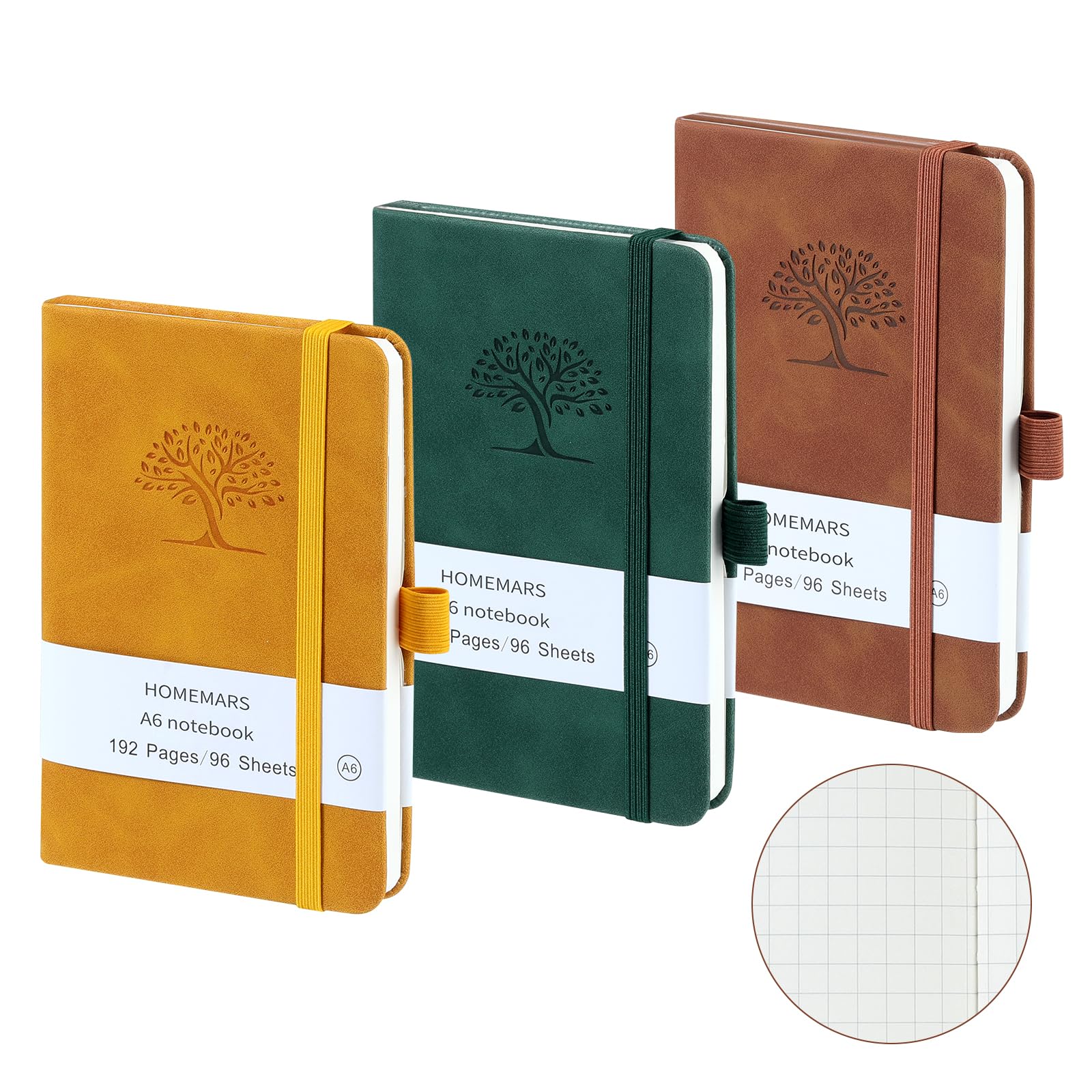 HOMEMARS Pocket Notebook, 3 Pack, Graph Paper Notebook, Pocket Notepad,14.4 cm x 9.6cm, A6 Notebook, Small Notepad, Brown, Green, Yellow, 192 Pages Each, Hardcover, Embossing Tree Design, Squared