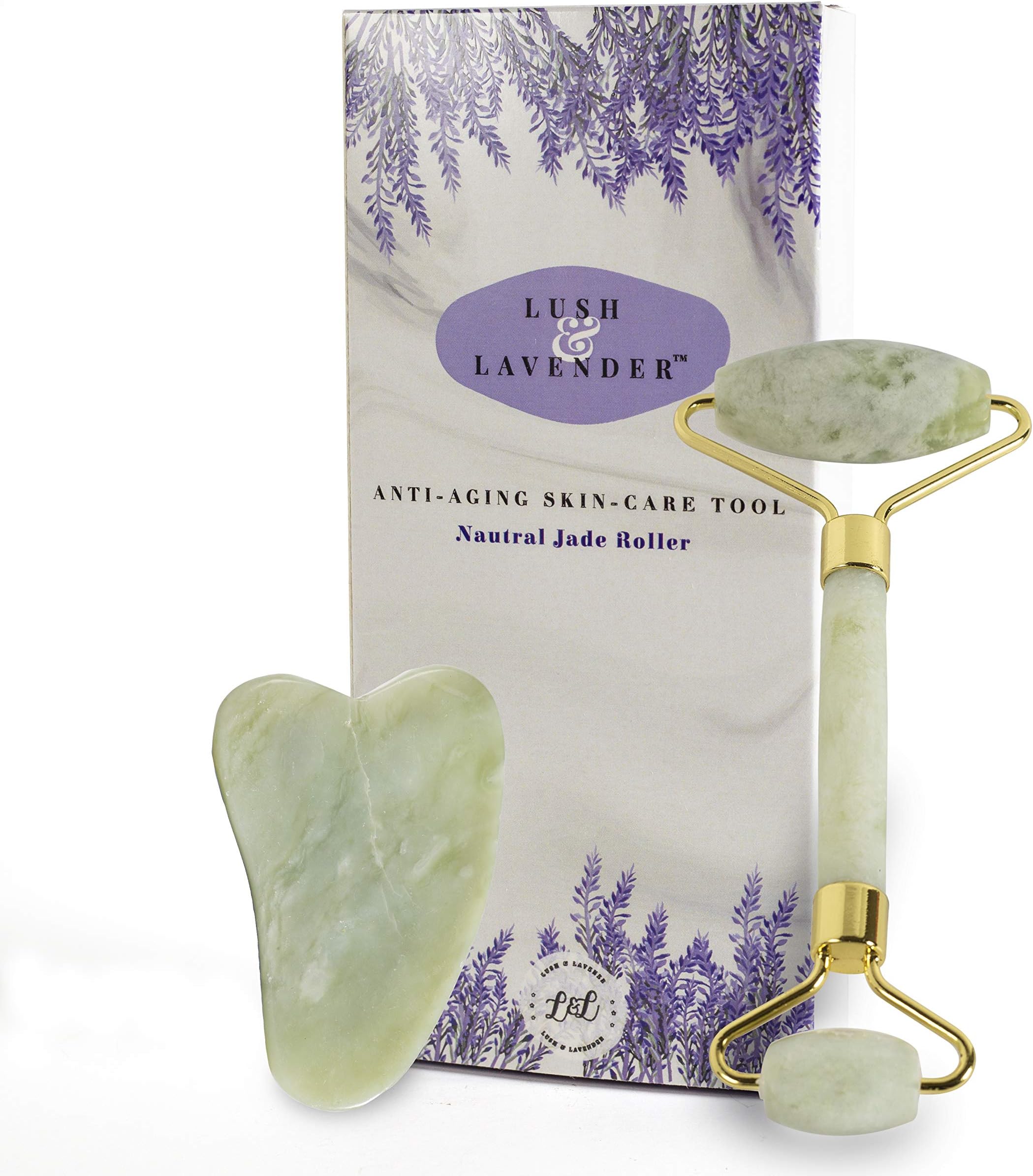 Jade Roller and Gua Sha Set by Lush and Lavender - Wrinkle Anti-Aging Treatment – Jade Face Roller Detox - Face Eye Body Neck Massage - Beautiful Facial Roller Tightening - Real Jade Stone
