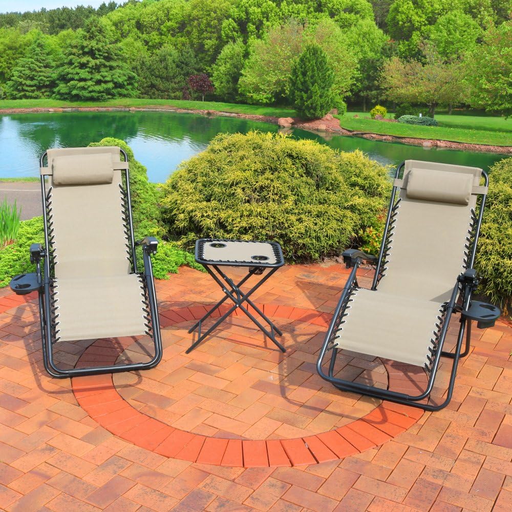 Sunnydaze Outdoor Zero Gravity Chair 2 Pack with Patio Table Cupholders and Pillows Included Khaki: Kitchen & Dining