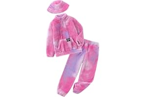Latnnut Girls Fuzzy Pants Set Quarter-zip Sweatshirt with Kangaroo pocket Sweatpants and Hat for 4-10 Years