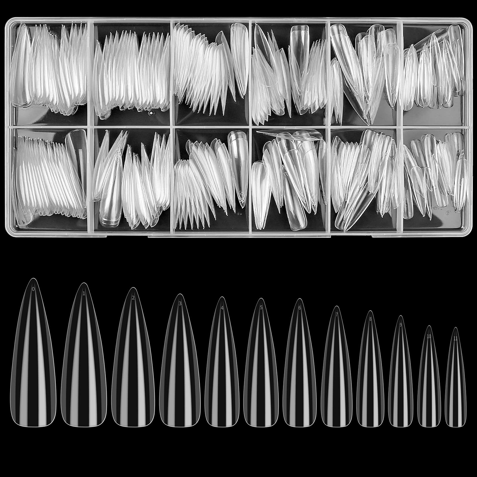 woshilaoDS 240 Pcs Clear Stiletto Nail Tips, Gel Full Cover Long Fake Nail Tips, Acrylic Press on Nails Tip, French False Nails for Gel Extension Salon Art (clear)