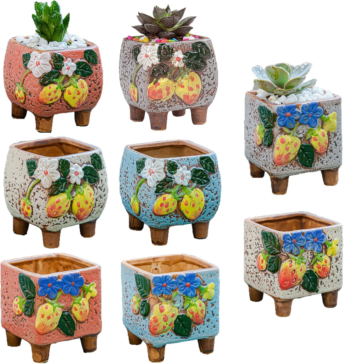 Rarapop 8 Pack Small Ceramic Succulent Planter Pot with Drainage, Square Planting Pot Flower Pots, Mini Plant Pots Cactus Planters for Home and Office Décor