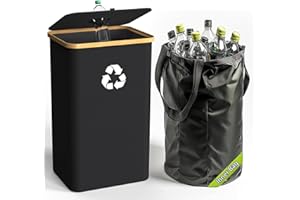 Pakusane Recycling Bin for Kitchen Indoor Home, 13 Gallon 50L Recycle Bin with Lid Removeable Reusable Inner Bag Bottle Can Glass Waste Plastice Stickers,Black