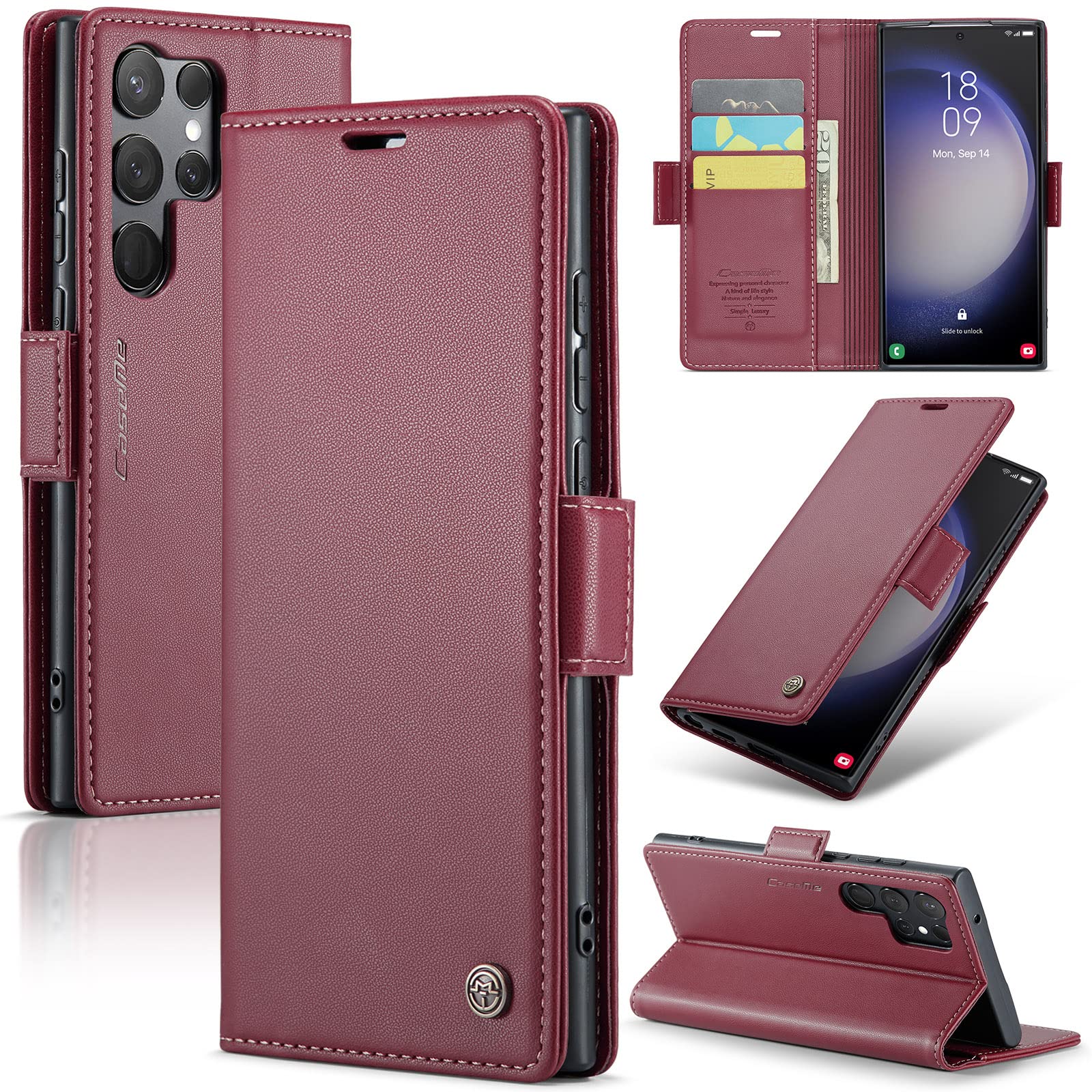 UFinetech Durable Case for Galaxy S23 Ultra - Slim Card Holder Wallet with RFID Blocker - Shockproof Flip Cover, Butterfly Clasp, Magnetic Closure, Kickstand, Anti-Scratch Camera Protection, Wine Red — image 1