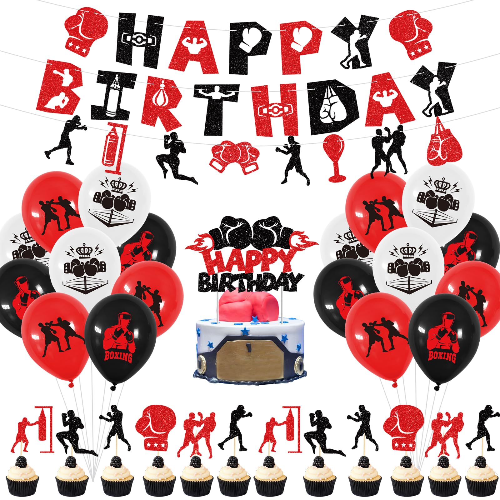 Photo 1 of KEFAN Boxing Birthday Party Decorations, Boxing Birthday Banner Cake Topper Balloons, Fight Sports Wrestling Party Supplies Boxer Boxing Match Theme Party Supplies