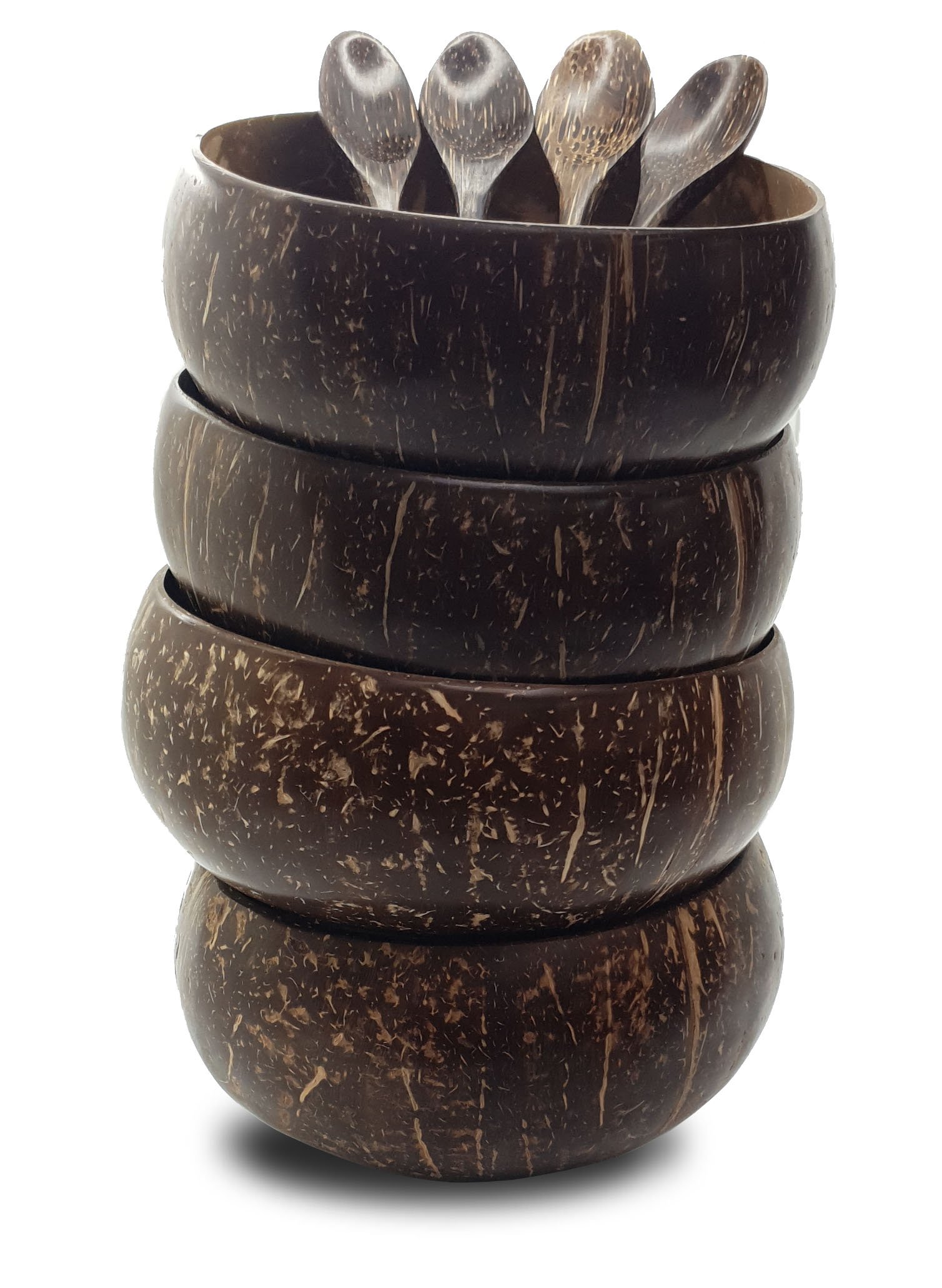 VIE Gourmet Coconut Bowls Spoons (Set of 4) 100% Natural, Hand Made, Vegan, Eco Friendly, Lightweight & Durable Breakfast, Serving, Decoration | Beautifully Handcrafted from Reclaimed Coconut Shells