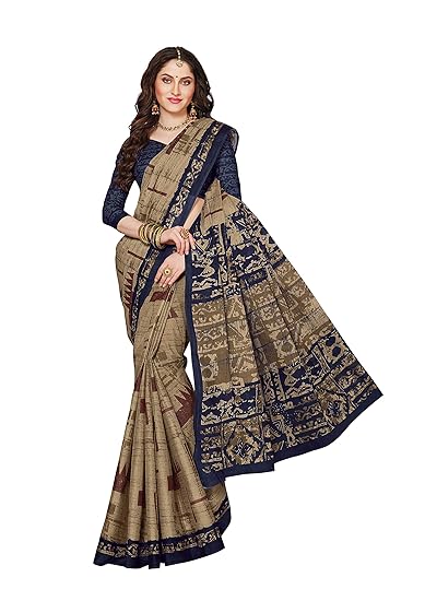 Womens Pure Cotton Printed Saree with Blouse Piece (SKR5490_Beige-Blue)