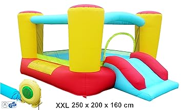 Jumbo XXL Hüpfburg Bogen Komplett-Set Outdoor aufblasbar bunt 250x200x160cm TÜV/GS Gebläse 250 Watt Tragetasche große Springb