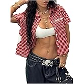 Milumia Women's Letter Print Plaid Collar Neck Button Up Shirt Y2k Short Sleeve Crop Tops Streetwear Preppy Clothes